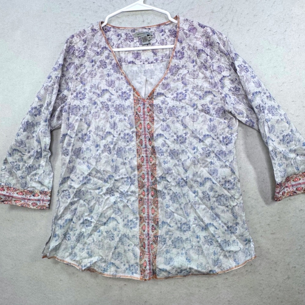 Carbon 2 Cobalt Blouse Women Medium Floral V-Neck 3/4 Sleeve Boho Cotton Modal